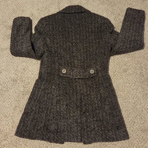Jaeger Vintage Wool Double Breasted Tweed Pea Coat Gray Women's 6 Wooden Buttons